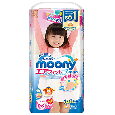 hình ảnh mặt trước của bỉm quần bé gái Moony Nhật XL38